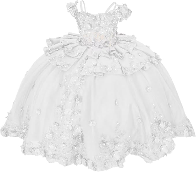 18m / White Sunnypetal Royal Blue 3D Floral Lace-Up Tulle Ball Gown Flower Girl Dress with Bows