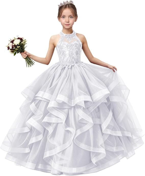 18m / White Sunnypetal Sequined Lace Appliqué Tiered Tulle Flower Girl Ball Gown with Halter Neck