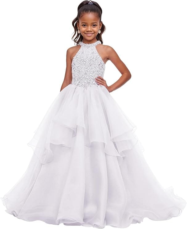 18m / White Sunnypetal Sparkling High Neck Ball Gown Flower Girl Dress with Beaded Bodice