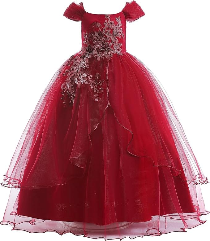 18m / Wine Red Sunnypetal Elegant Off-the-Shoulder Floral Appliqués Flower Girl Ball Gown