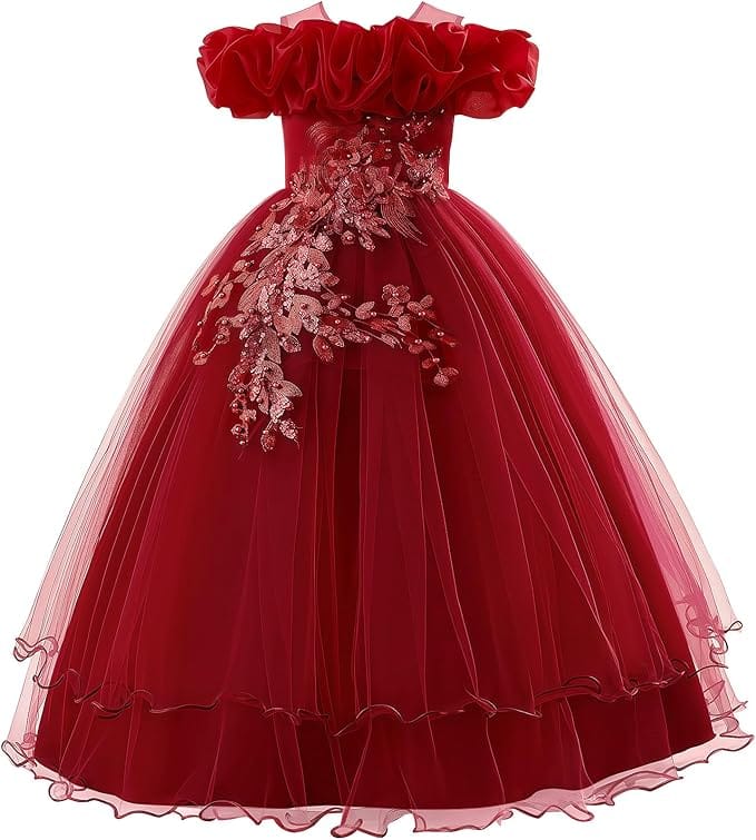 18m / Wine Red Sunnypetal Romantic Off-the-Shoulder Tulle Flower Girl Dress with Floral Appliqués