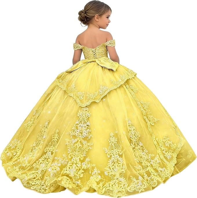 18m / Yellow Sunnypetal Glitter Layered Tulle Ball Gown Flower Girl Dress with Lace Appliqué and Bow