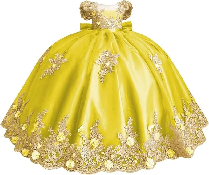 18m / Yellow Sunnypetal Gold Appliqué 3D Floral Beaded Flower Girl Dress with Bow and Train