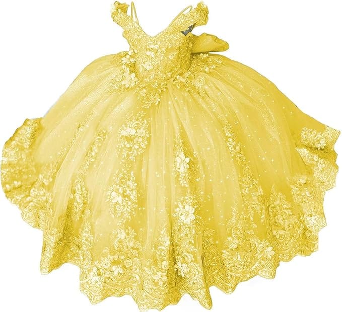 18m / Yellow Sunnypetal Lace Appliqué 3D Flower Girl Dress with Bow for First Communion &amp; Pageant