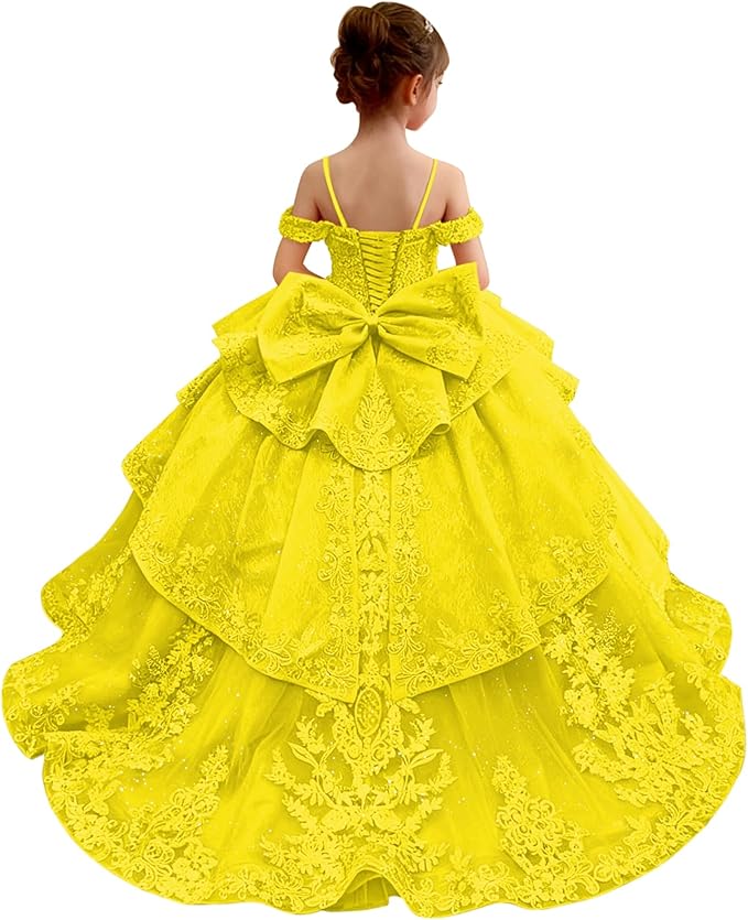 18m / Yellow Sunnypetal Lace Appliqué Layered Tulle Ball Gown Flower Girl Pageant Dress with Bow