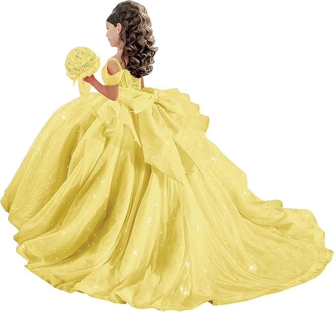 18m / Yellow Sunnypetal Off-Shoulder Sweetheart Glitter Tulle Flower Girl Dress with Pearls Bow
