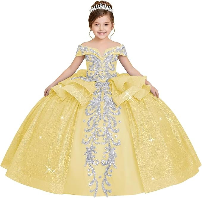 18m / Yellow Sunnypetal Off-the-Shoulder Glitter Princess Flower Girl Dress with Lace Appliqués