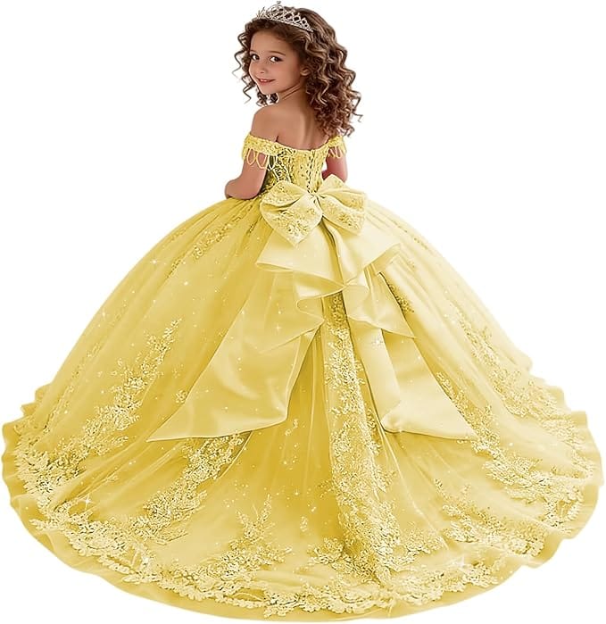 18m / Yellow Sunnypetal Princess Off-the-Shoulder Lace Appliqué Tulle Ball Gown Flower Girl Dress with Bow