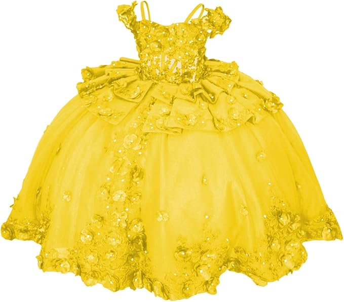 18m / Yellow Sunnypetal Royal Blue 3D Floral Lace-Up Tulle Ball Gown Flower Girl Dress with Bows