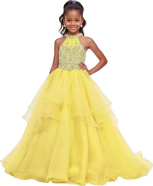 18m / Yellow Sunnypetal Sparkling High Neck Ball Gown Flower Girl Dress with Beaded Bodice