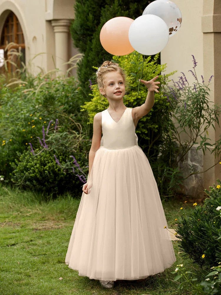 2 / Champagne Sunnypetal Floor-Length V-Neck Sleeveless Tulle Flower Girl Dresses with Satin Bow