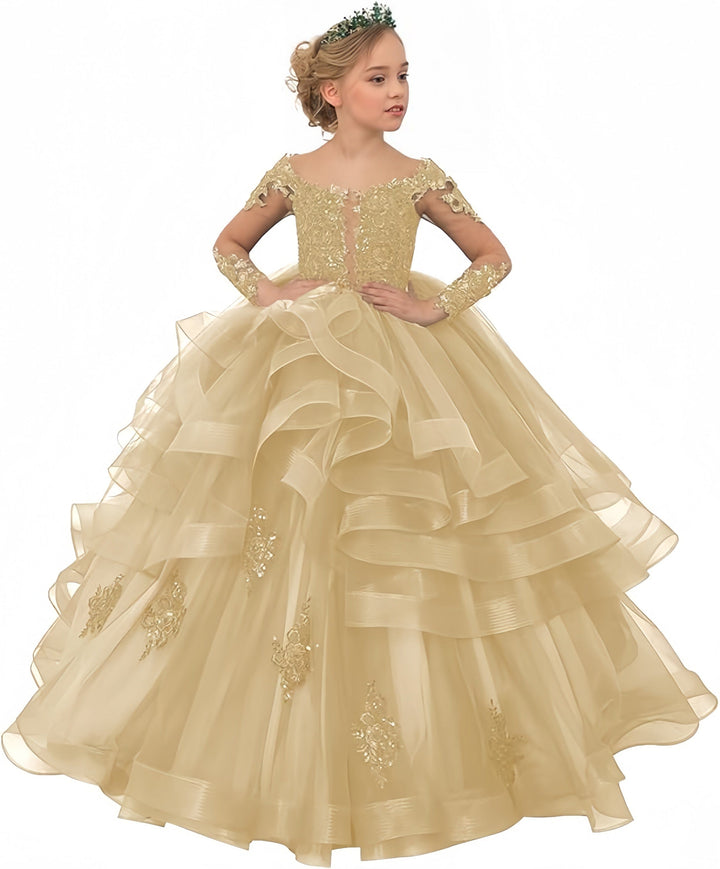 2 / Champagne Sunnypetal Tulle Lace Flower Girl Dress Long Sleeves Princess Gowns With Sequins