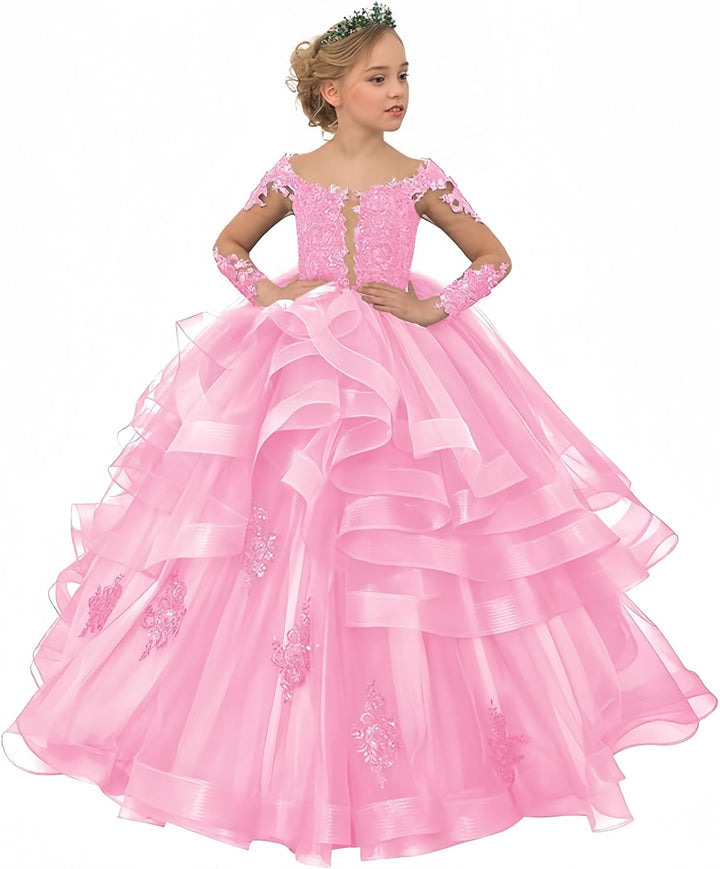2 / Pink Sunnypetal Tulle Lace Flower Girl Dress Long Sleeves Princess Gowns With Sequins
