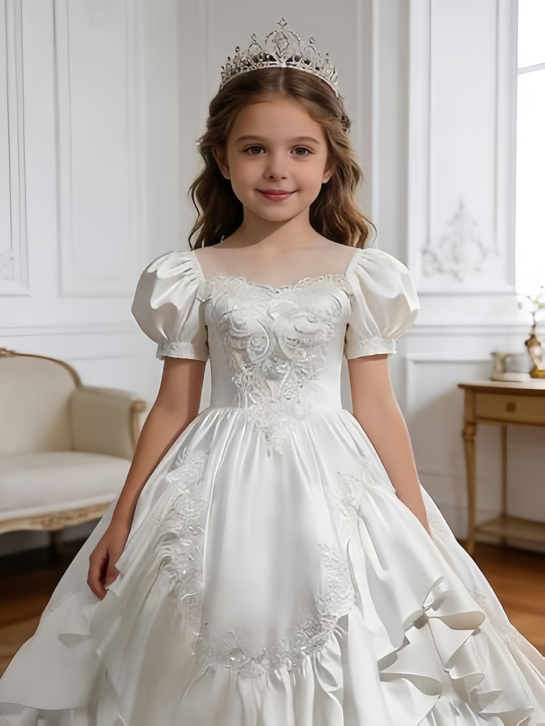 Sunnypetal Satin Sweetheart Neck Puffy Sleeve Lace Applique Princess Flower Girl Dress