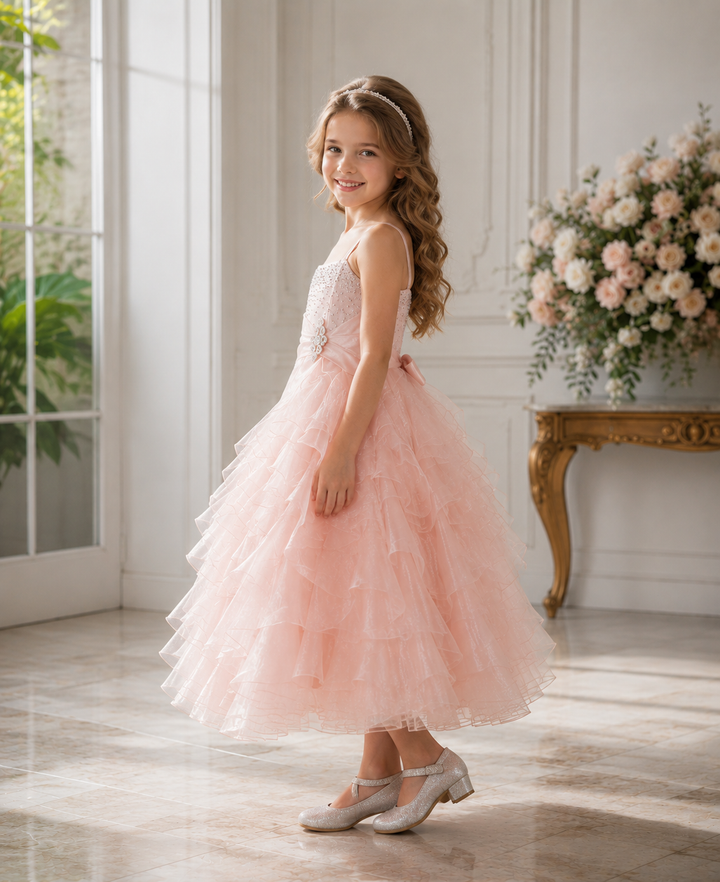 Sunnypetal Sparkling Blush Ruffle Flower Girl Dress Birthday Pageant Gown