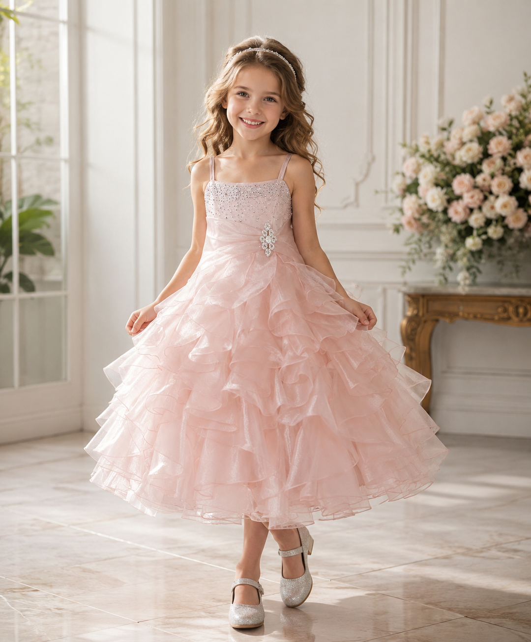 Sunnypetal Sparkling Blush Ruffle Flower Girl Dress Birthday Pageant Gown