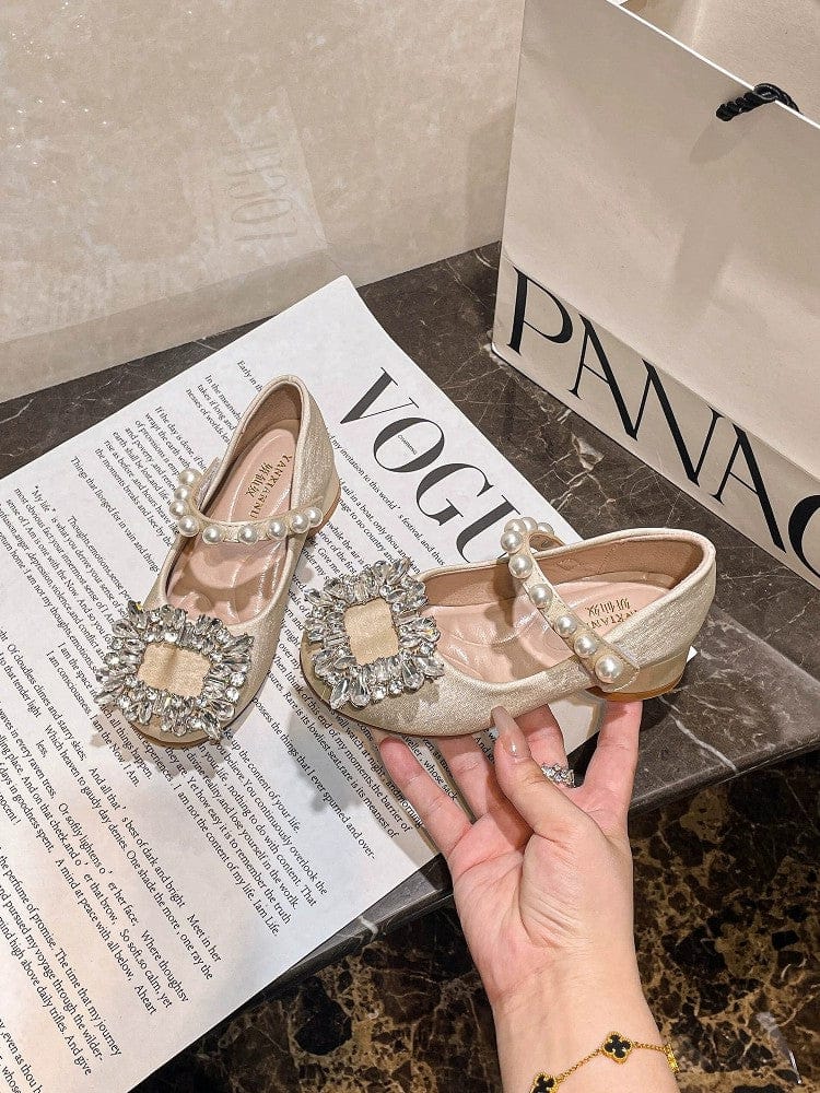 25(Lnner length 16cm) / Champagne Sunnypetal Girls’ Silver Crystal Party Shoes – Soft Bottom Princess Heels