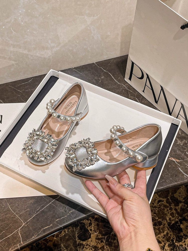25(Lnner length 16cm) / Silver Sunnypetal Girls’ Silver Crystal Party Shoes – Soft Bottom Princess Heels