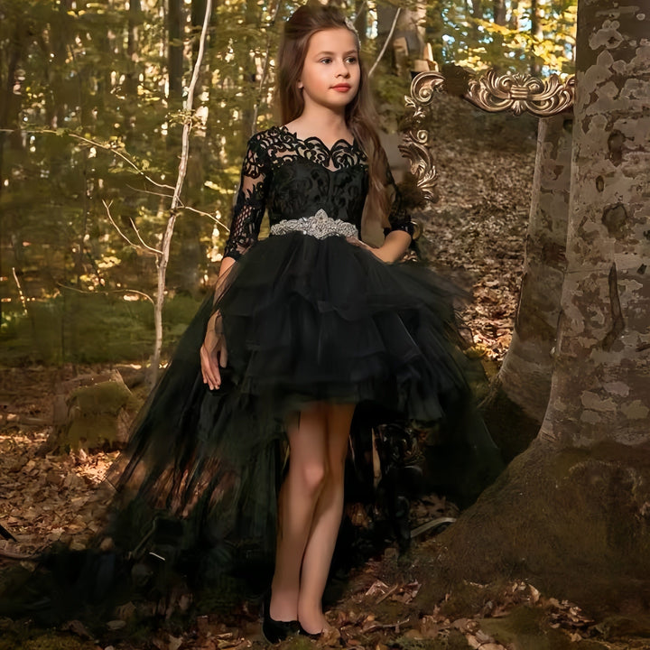 3m / Black Black Lace Appliques Flower Girl Dresses for Wedding Pageant Gowns
