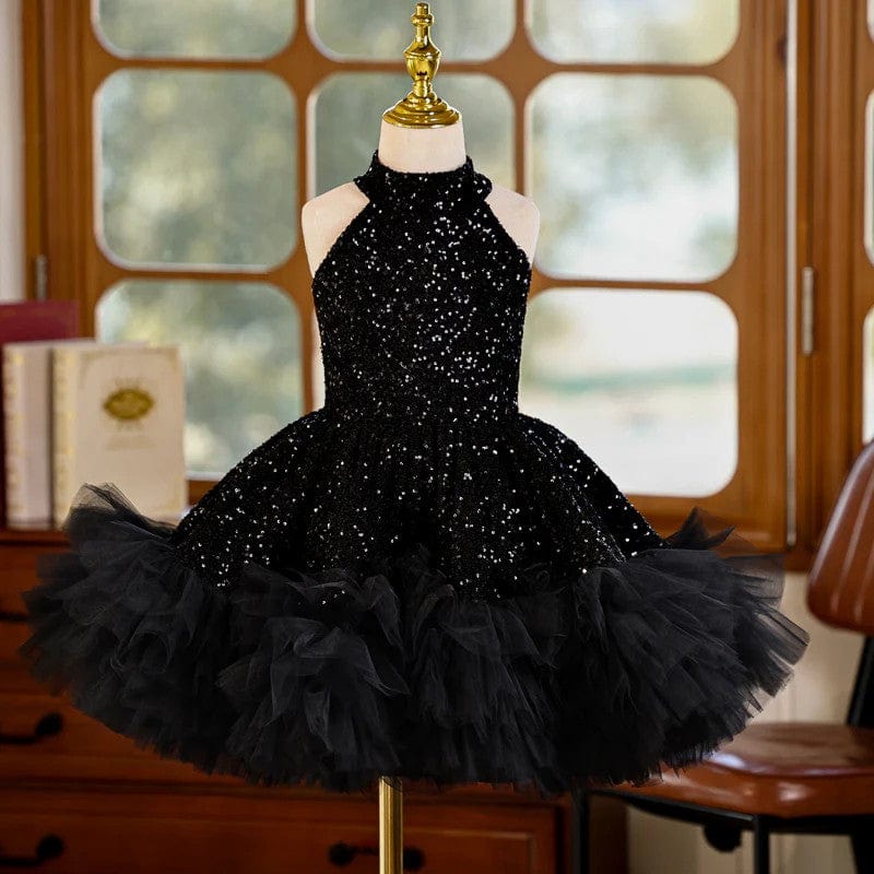 3m / Black Sunnypetal Black Sequins Sleeveless Knee-Length Tulle Flower Girl Dresses