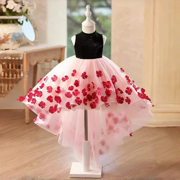 3m / Black Sunnypetal Elegant Black & Blush Tulle Flower Girl Dress with 3D Floral Appliqués and Bow