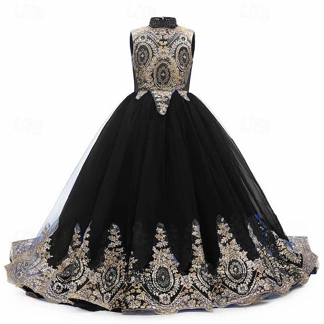 3m / Black Sunnypetal Luxury Gold Embroidered High-Neck Tulle Ball Gown Flower Girl Dress