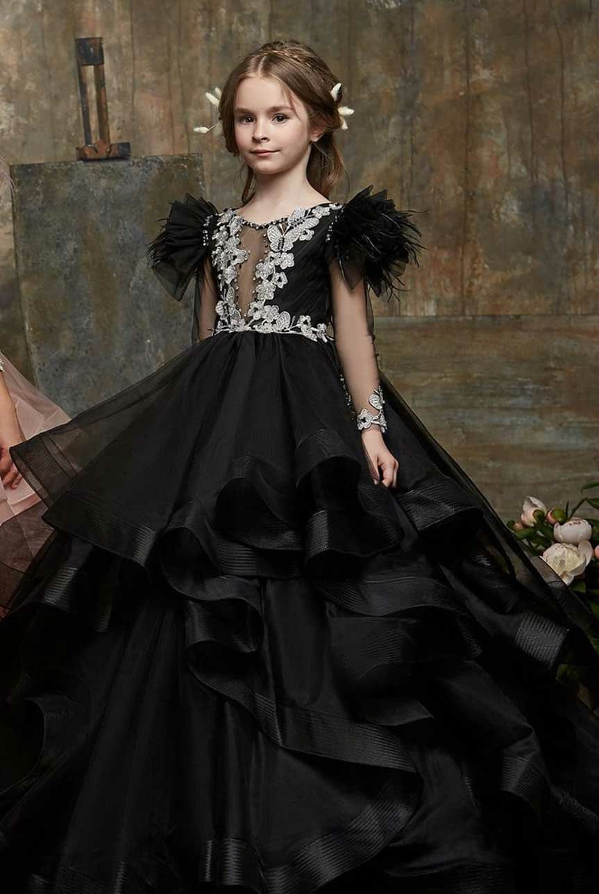 3m / Black Sunnypetal Puff Sleeves Asymmetrical Waterfall Ruffle Gown with Butterfly Appliqués