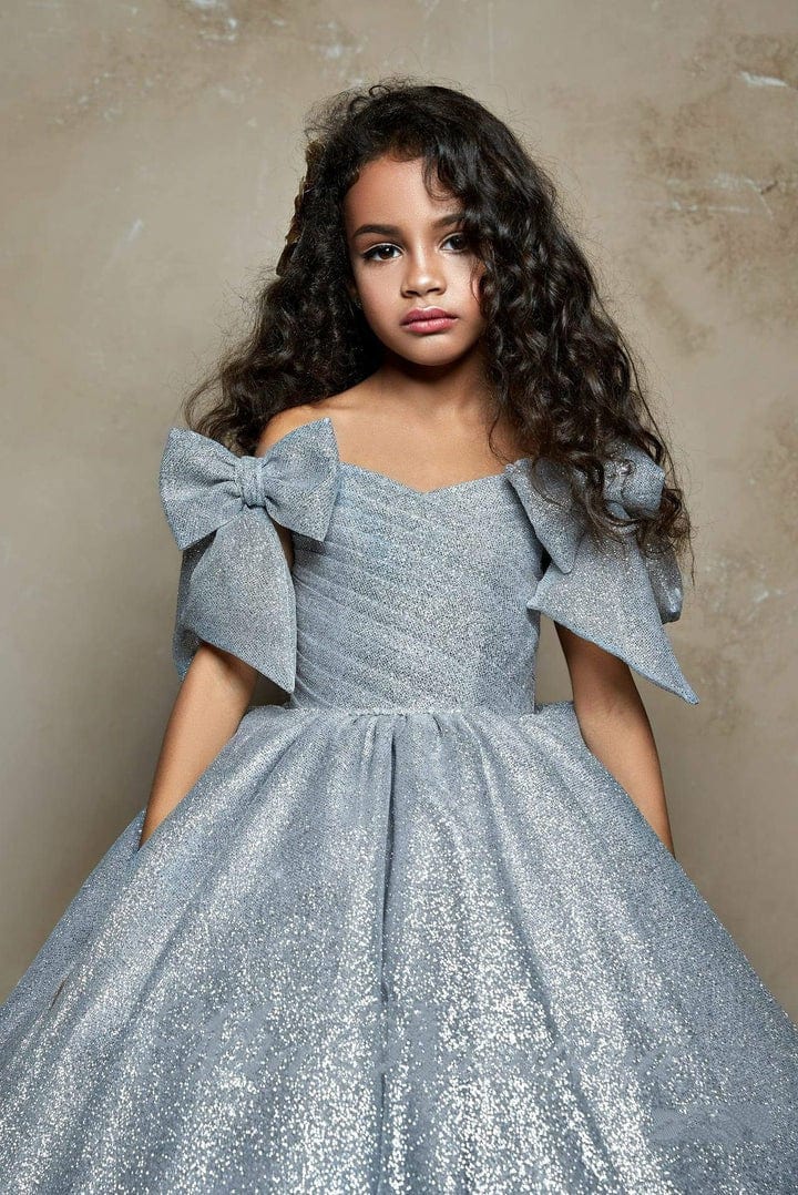 3m / Blue Sunnypetal Black Off-The-Shoulder Bows Glitter Girl Ball Gown with Chapel Train