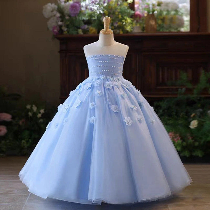 3m / Blue Sunnypetal Elegant Blue Sleeveless Floral Applique Beading Flower Girl Dress