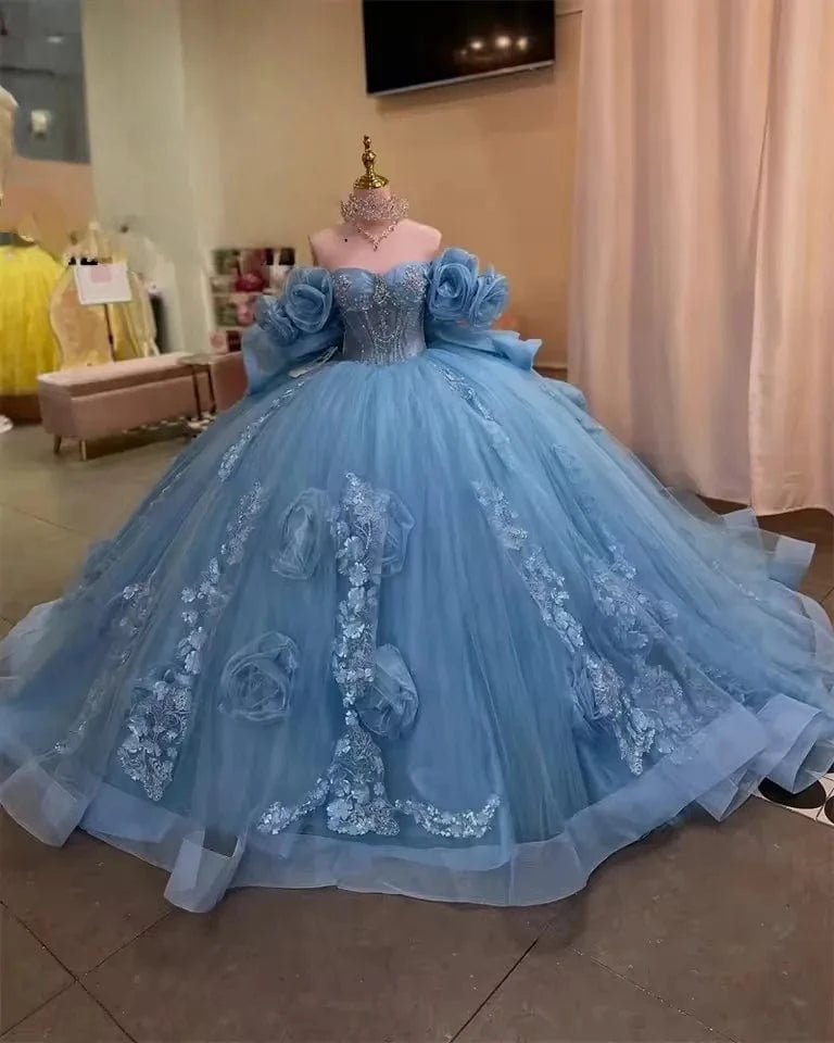 3m / Blue Sunnypetal Fairy-Tale Blue Off-Shoulder Flower Girl Dress with Floral Appliques