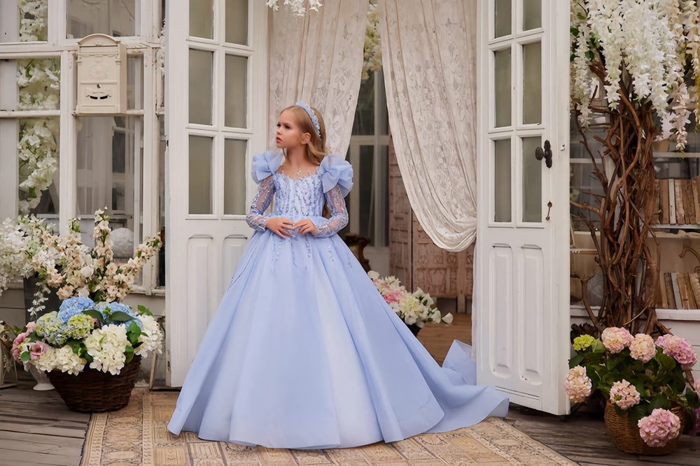 3m / Blue Sunnypetal Luxurious Prom Pageant Dinners Gown Tulle Oversized Puff Shoulder Flower Girl Dresses