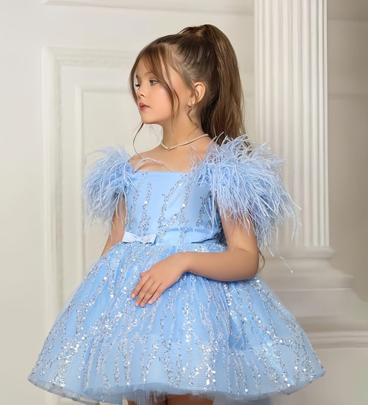3m / Blue Sunnypetal Luxurious Sequin Feather Sleeve Flower Girl Dresses for Special Occasions