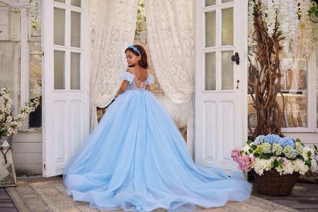 3m / Blue Sunnypetal Spaghetti Straps Sequins Bodice Soft Tulle Flower Girl Dresses for Formal Occasions