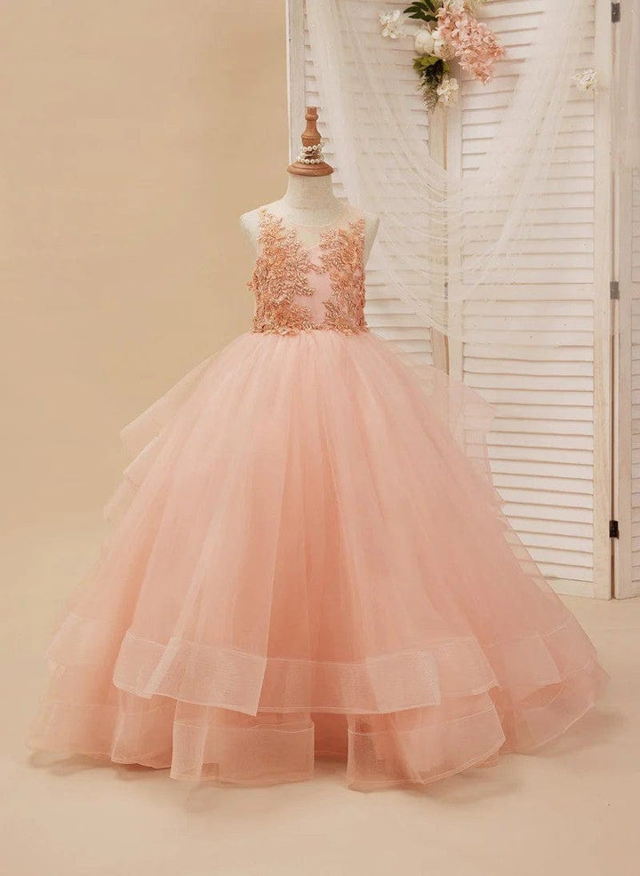 3m / Blush Pink Sunnypetal Blush Pink 3D Floral Tulle Ball Gown for Flower Girls