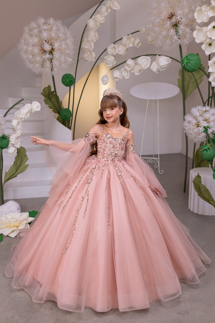 3m / Blush Pink Sunnypetal Blush Pink Beaded Tulle Flower Girl Ball Gown with Off-Shoulder Sleeves