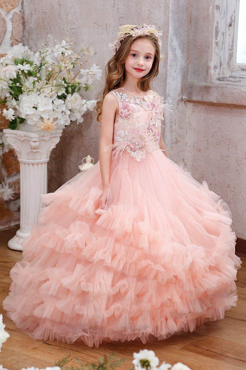 3m / Blush Pink Sunnypetal Blush Pink Floral Appliqué Tulle Ball Gown Flower Girl Dress with Ruffle Layers