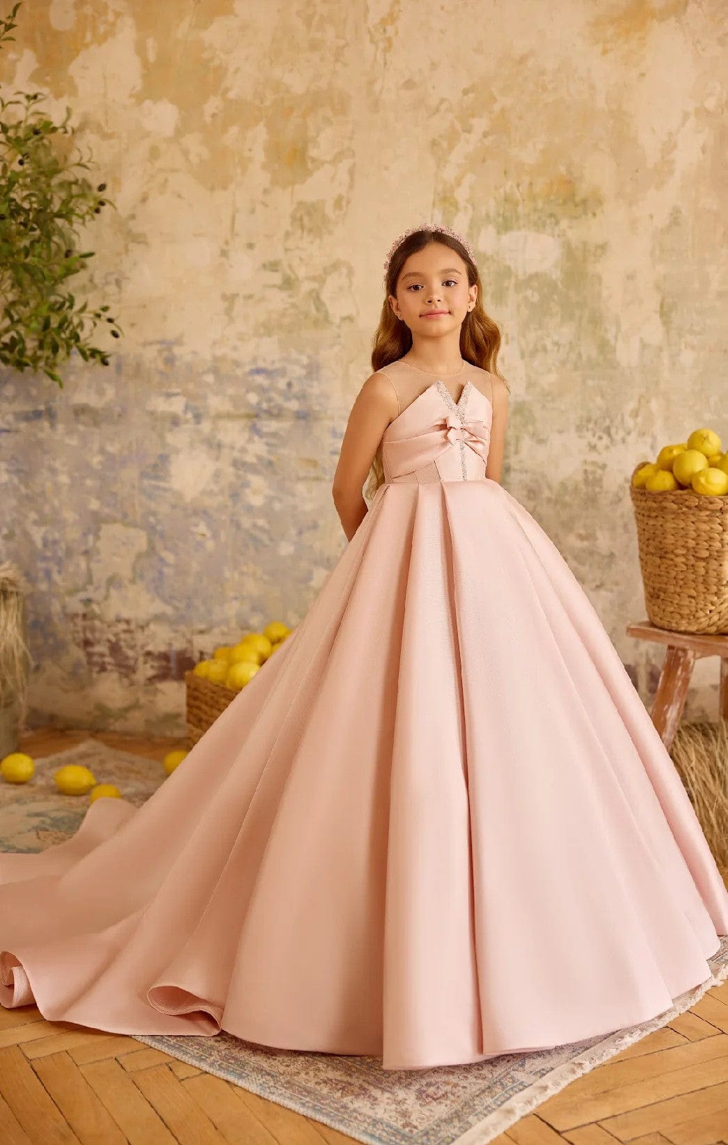 3m / Blush Pink Sunnypetal Blush Pink Satin Princess Gown with Bow Bodice and Illusion Neckline