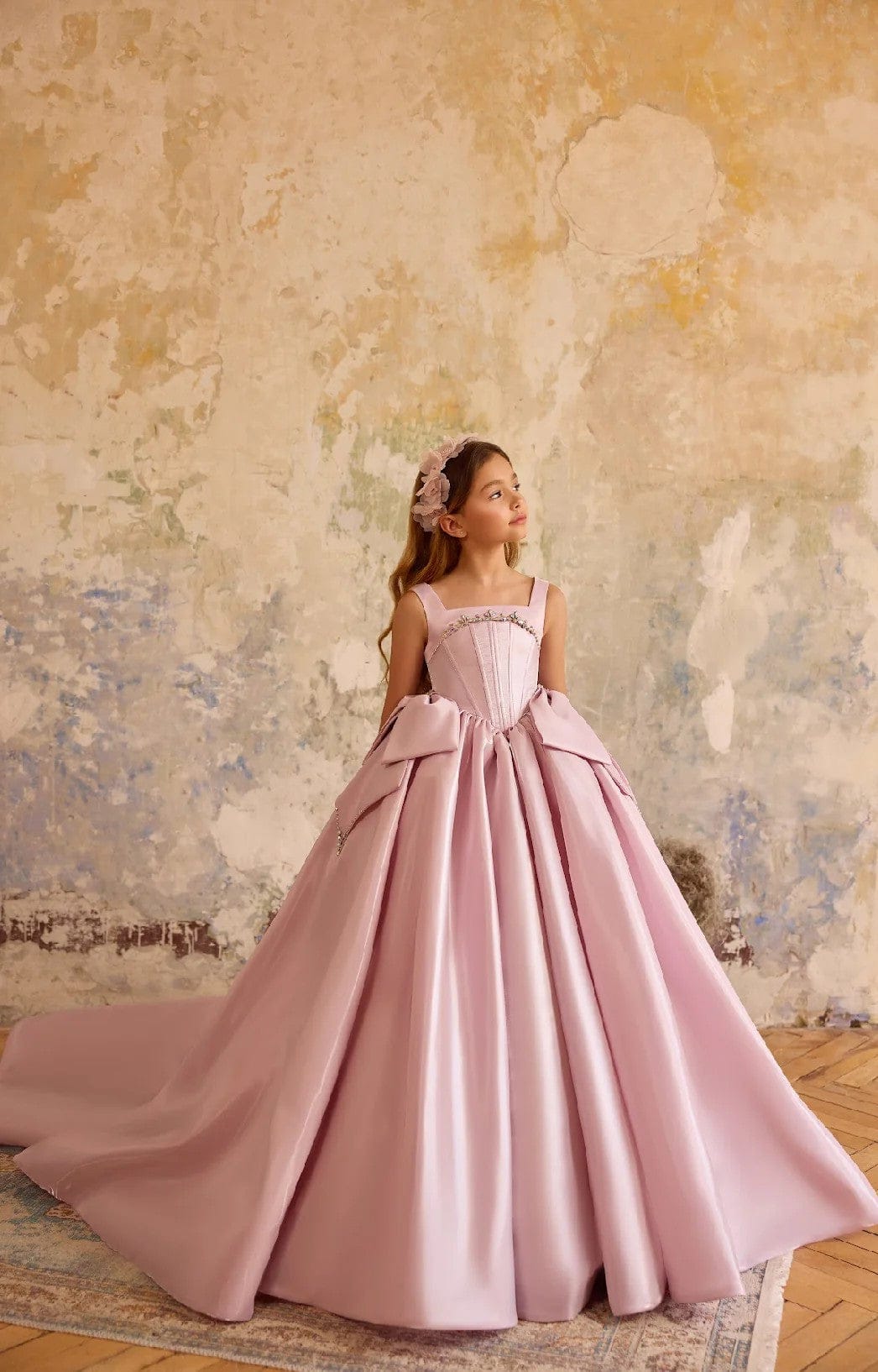 3m / Blush Pink Sunnypetal Elegant Satin Flower Girl Gown with Dramatic Side Bows and Crystals