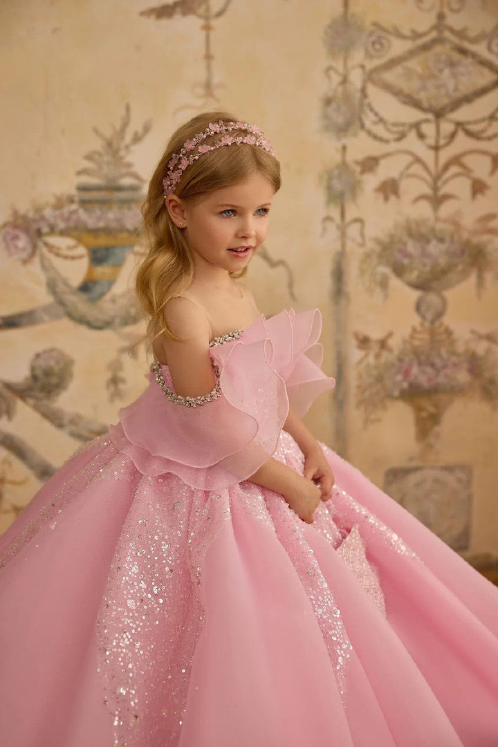 3m / Blush Pink Sunnypetal Off-Shoulder Ruffle Neckline Long Tulle Pageant Flower Girl Dress