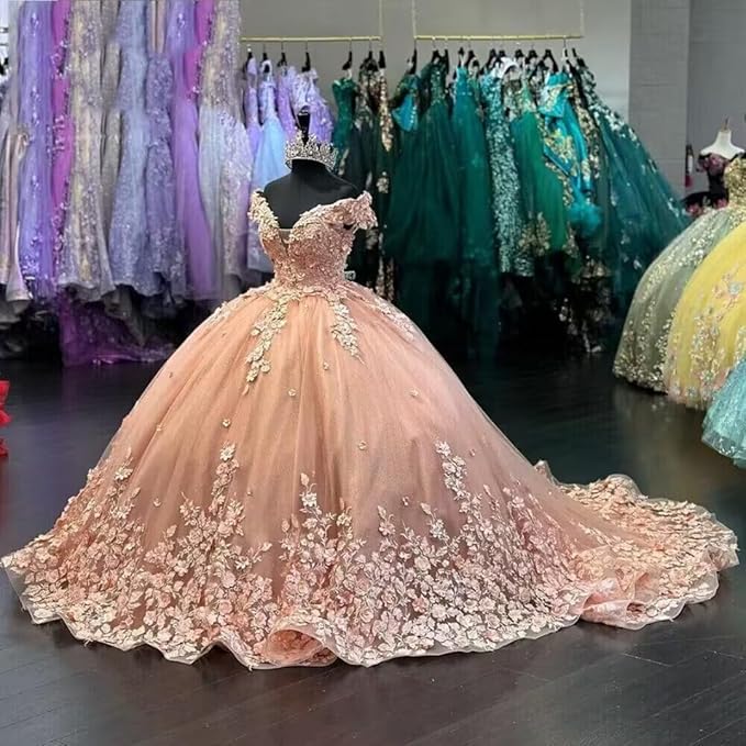 3m / Blush Pink Sunnypetal Off-the-Shoulder V-Neck Glitter Tulle Ball-Gown with 3D Floral
