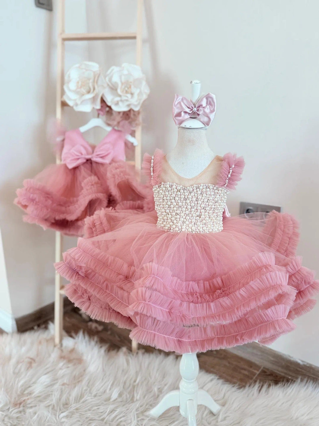3m / Blush Sunnypetal Blush Pearls Tulle Baby Girls Toddler Birthday Dress
