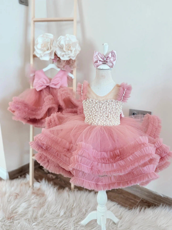 3m / Blush Sunnypetal Blush Pearls Tulle Baby Girls Toddler Birthday Dress