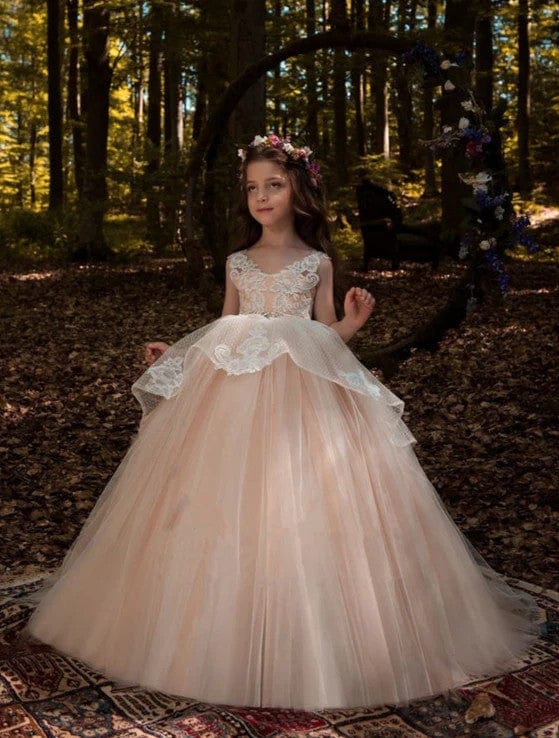 3m / Blush Sunnypetal Charming V-Neck Lace Appliques Puffy Tulle Little Girls Wedding Dress