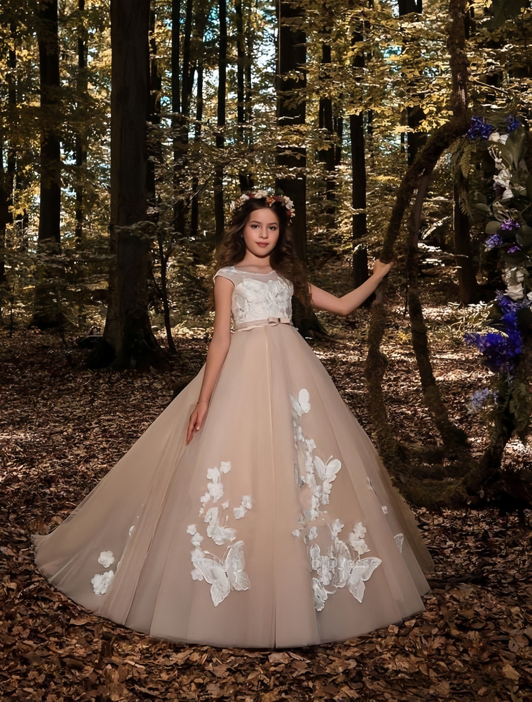 3m / Blush Sunnypetal Exquisite Butterfly Appliques Tulle Flower Girl Dresses for Wedding