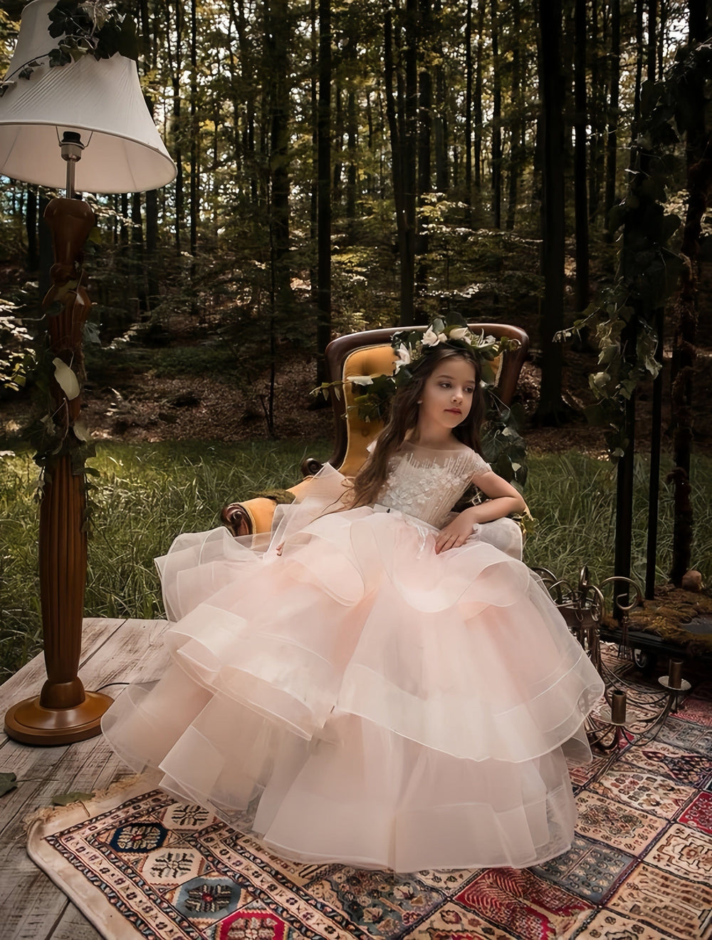 3m / Blush Sunnypetal Ruffles Tulle Flower Girl Dresses Wedding Prom Pageant Ball Gown