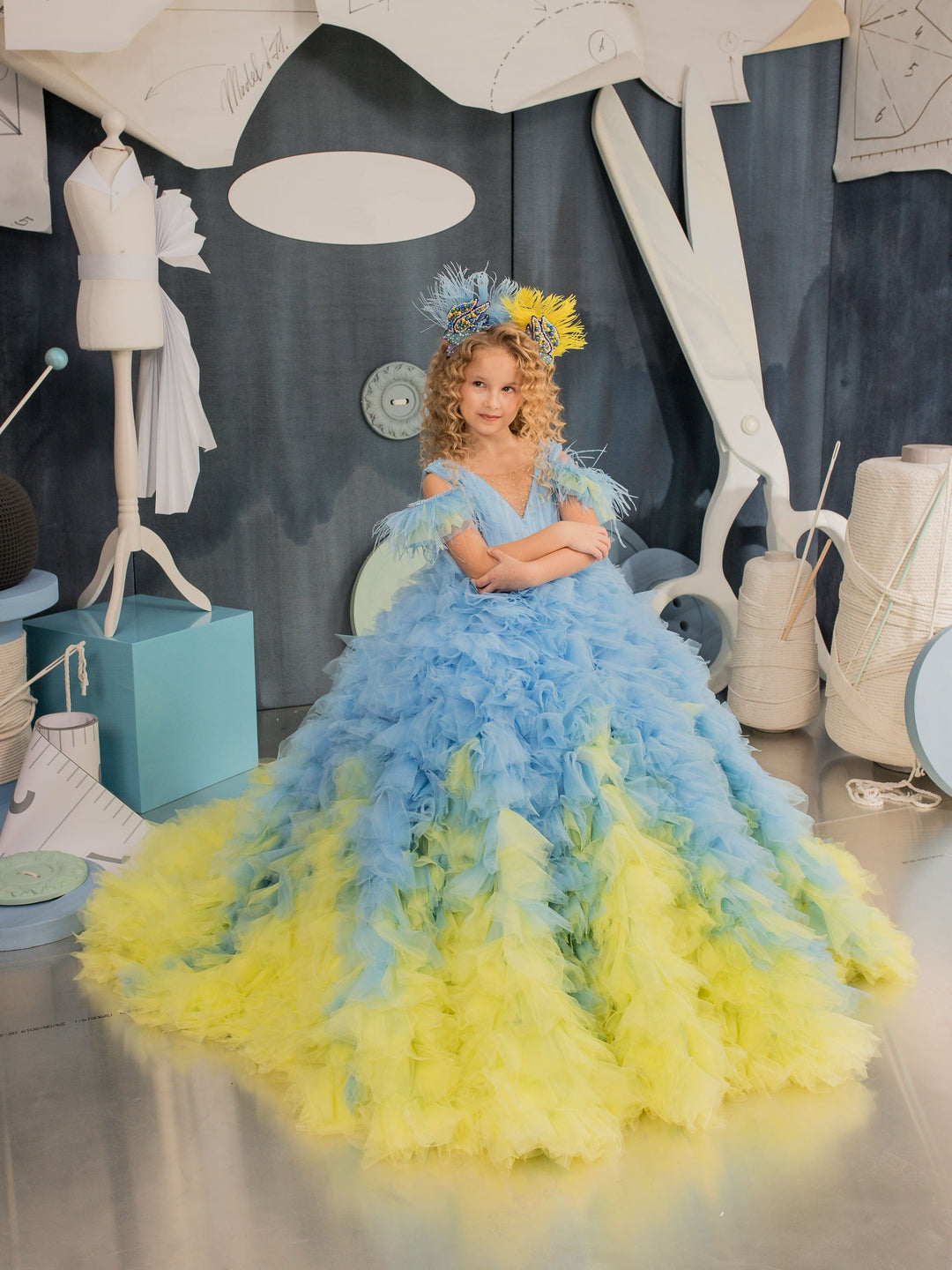 3m / Bright Blue and Yellow Sunnypeal Bright Blue and Yellow Ombre Fluffy Tulle Dress Pageant Birthday Ball-Gown