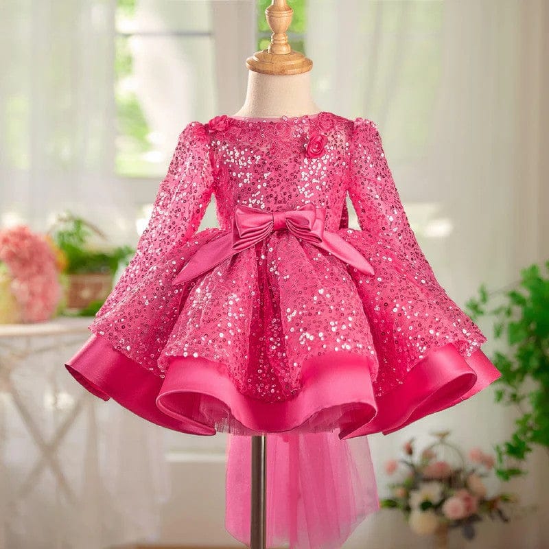 3m / Candy Pink Sunnypetal Lilac Sparkle Bloom Girl Dress with Bow and Floral Tulle Train