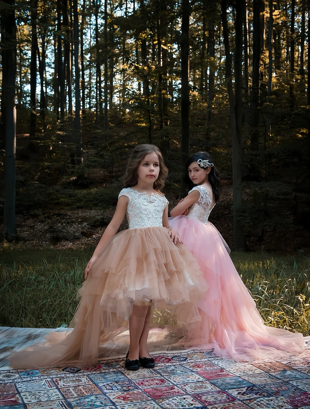 3m / Cappuccino Sunnypetal Cap Sleeves V Back Lace Appliques High-Low Flower Girl Dress