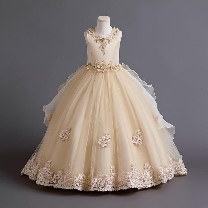 3m / Champagne Sunnypetal Champagne Lace Layered Tulle Pageant Party Long Prom Ball Gown