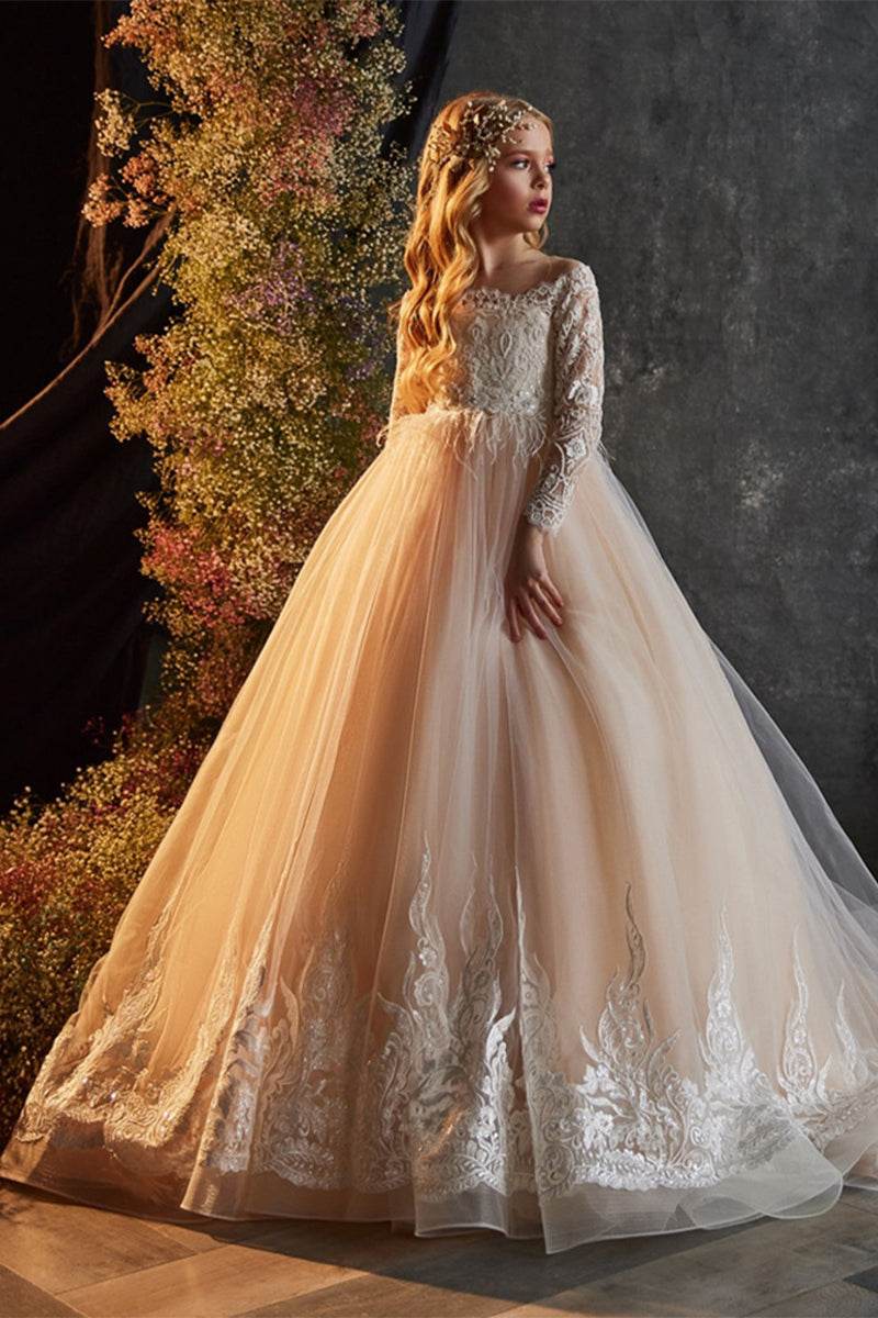 3m / Champagne Sunnypetal Champagne Lace Long-Sleeve Princess Ball Gown with Embroidered Hem